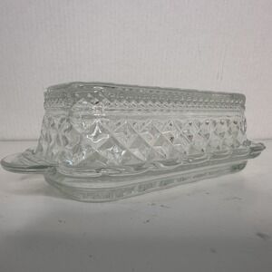 Clear Pressed Glass Butter Dish Scalloped Covered Diamond‎ Pattern Lid 2-Piece